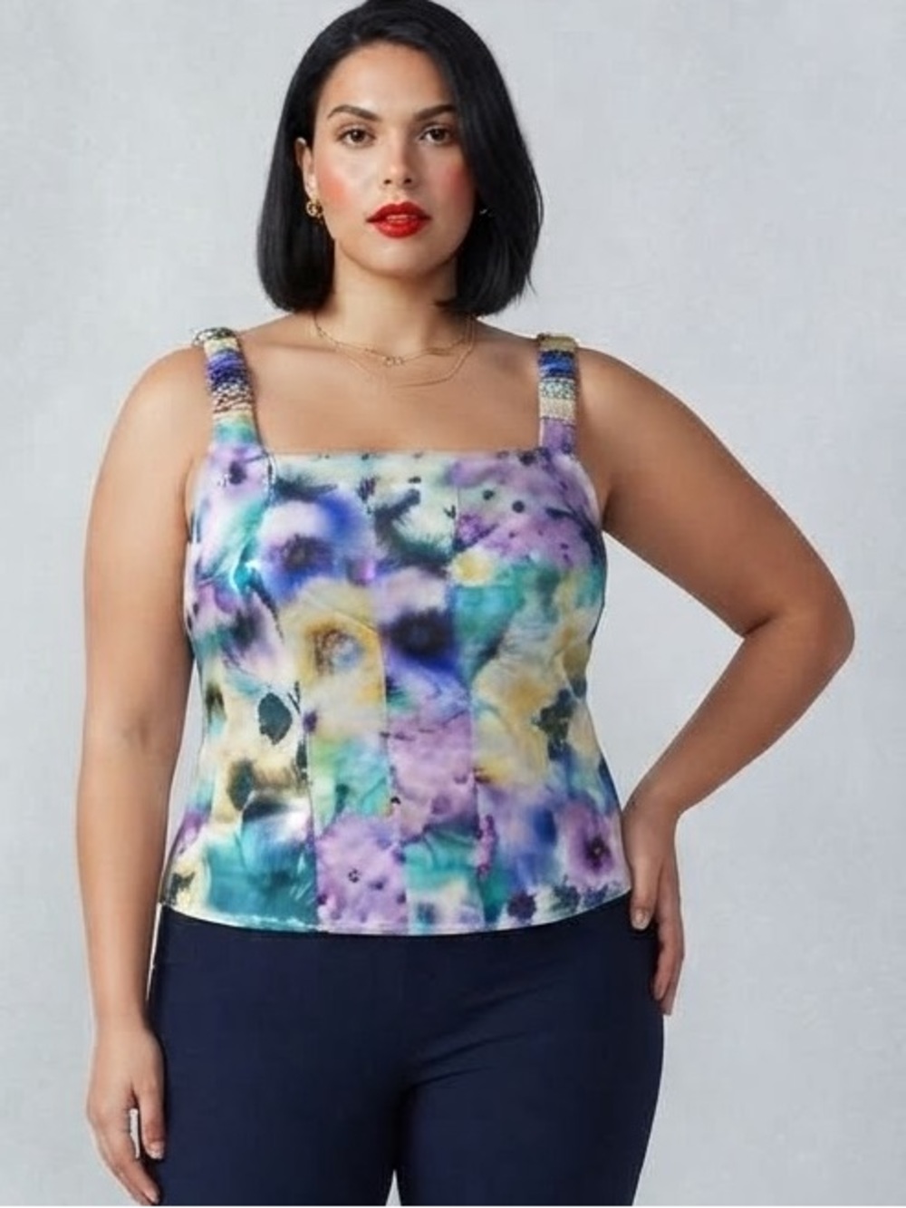 VENUS Purple Teal Yellow Floral-Print Square Neck Top